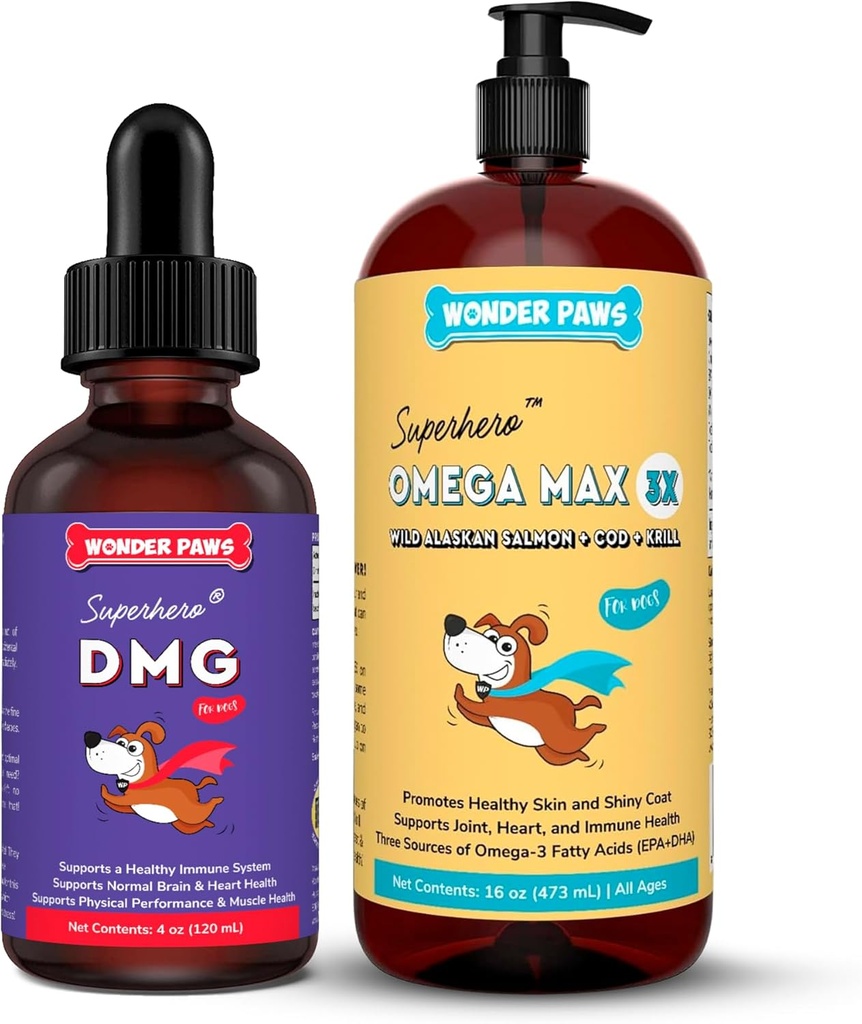 WONDER PAWS Premium DMG Liquid Plus Omega Max Fish Oil - pro psí imunitní podporu, pleť, alergie, společná péče a celkové zdraví - DMG 4 Ounces - Omega Max 16 Ounces
