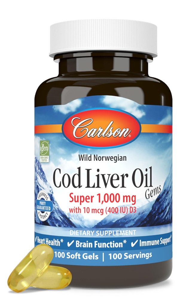 Carlson - Cod Jaterní olej, Super 1000 mg + Vitamíny A & D3, Volně žijící Norština, Udržitelně sourced, 100 Softgels