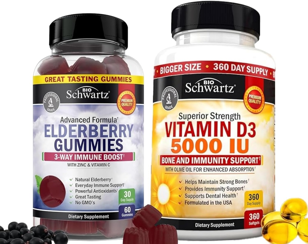 BioSchwartz Elderberry Gummies se zinkem a vitaminem C pro dospělé imunitní podporu (1 měsíční zásoba) Plus vysoce silný vitamin D3 5000 IU 125 mcg (1 rok dodávky)