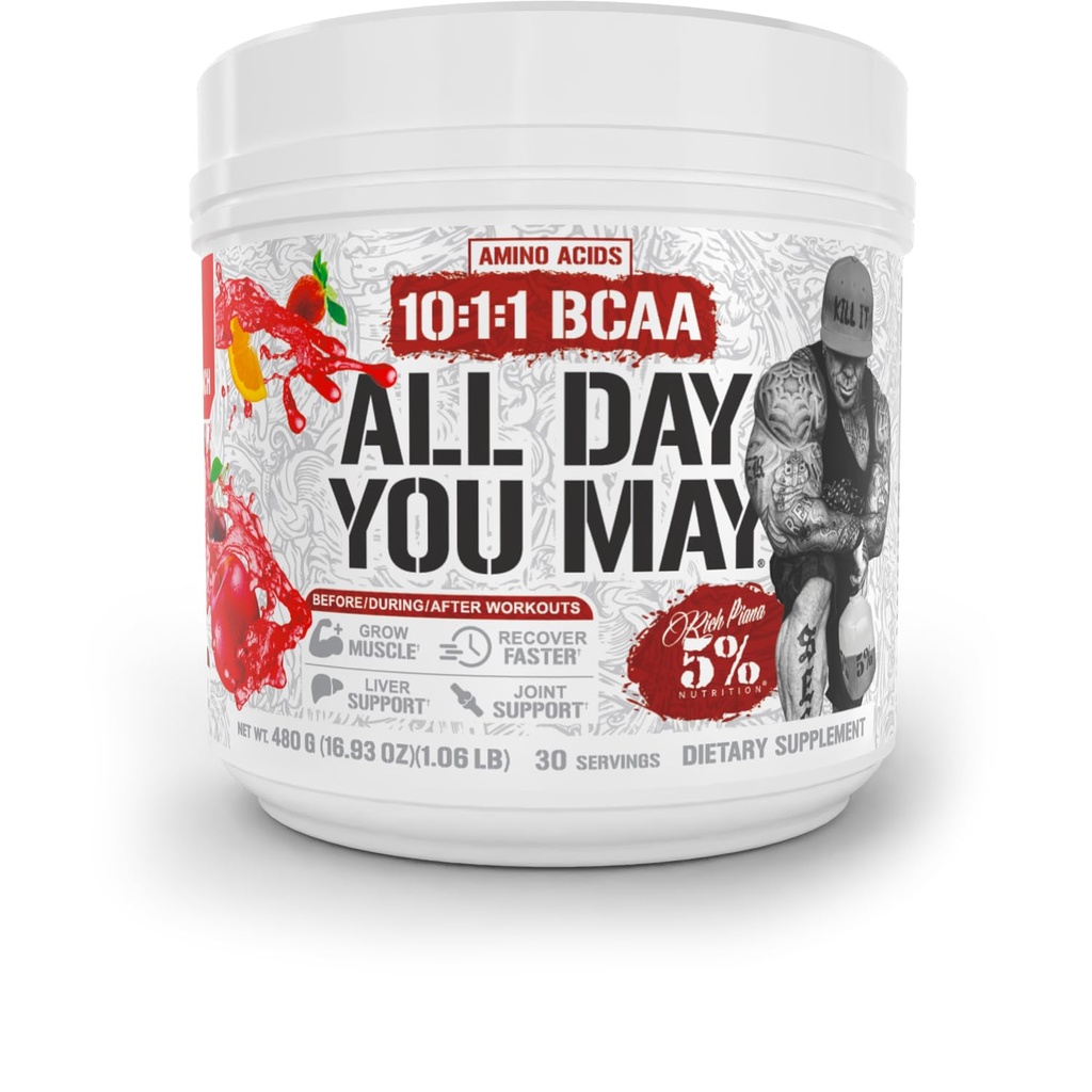 5% Nutrition Rich Piana AllDayYouMay BCAA Powder 124; Premium Intra & Post Workout Amino Acids, Hydration, Endurance, Muscle Recovery, Joint & Játra Podpora 124; 16.93 oz, 30 Služeb (ovocný punč)