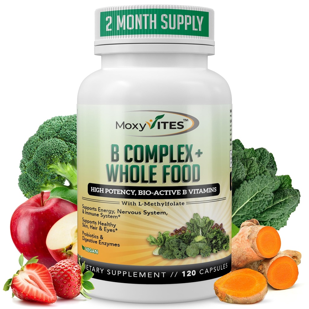 MoxyVites vitamin B Complex - B vitaminy celý doplněk stravy, B12 Methylkobalamin, B1, B2, B3, B5, B6, B7, B9 - pro stresové, energetické a imunitní podpory, Vegan, 120 Kapsle