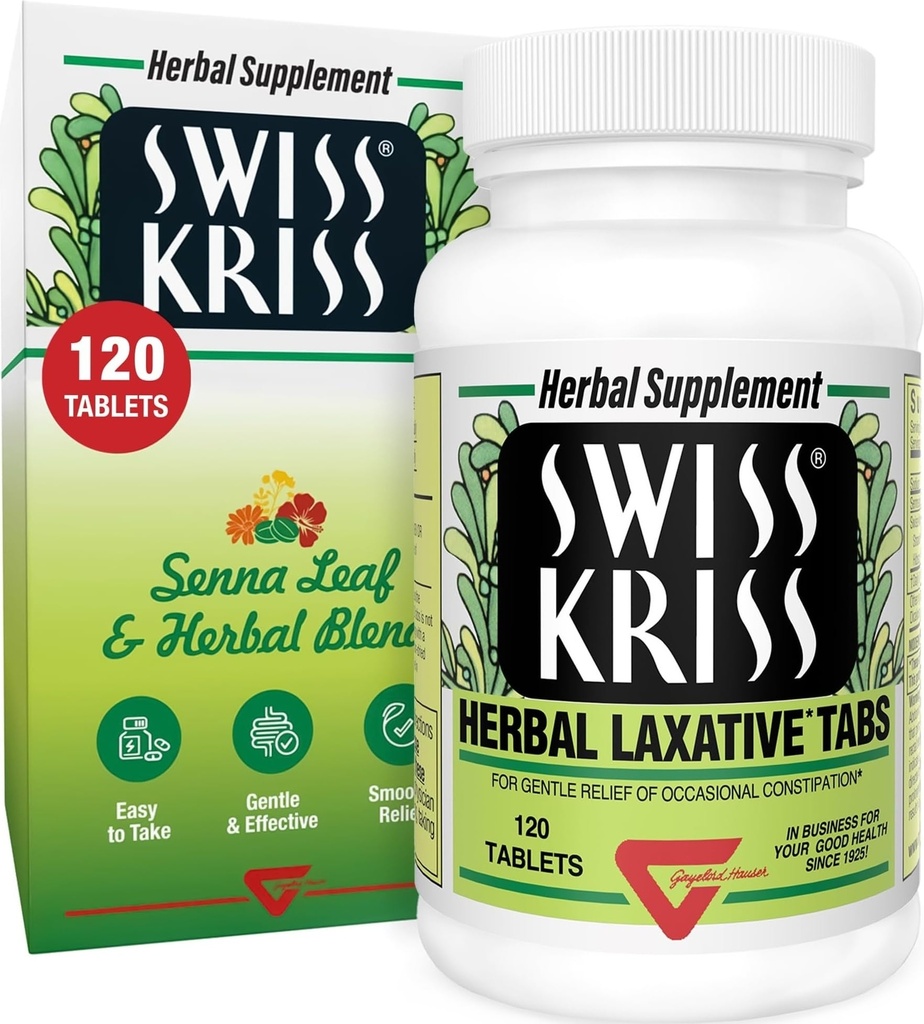Švýcarské Kriss Bylinné Laxativní tablety, Gentle & Natural Laxations for Constolly Relief for Dospělí a děti nad 6 let, Pracuje v 6-12 hodin, Senna Laxative, 120 Tablety Celkem