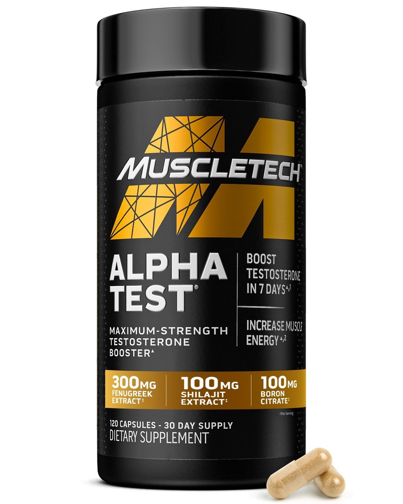 MuscleTech Testosteron Booster pro muže, AlphaTest - T- Boost Mens dodatek s Tribulus Terrestris & Boron - Denní mužská tělocvična cvičení doplňky pro růst svalů, Stamina & Energy - 120 pilulky