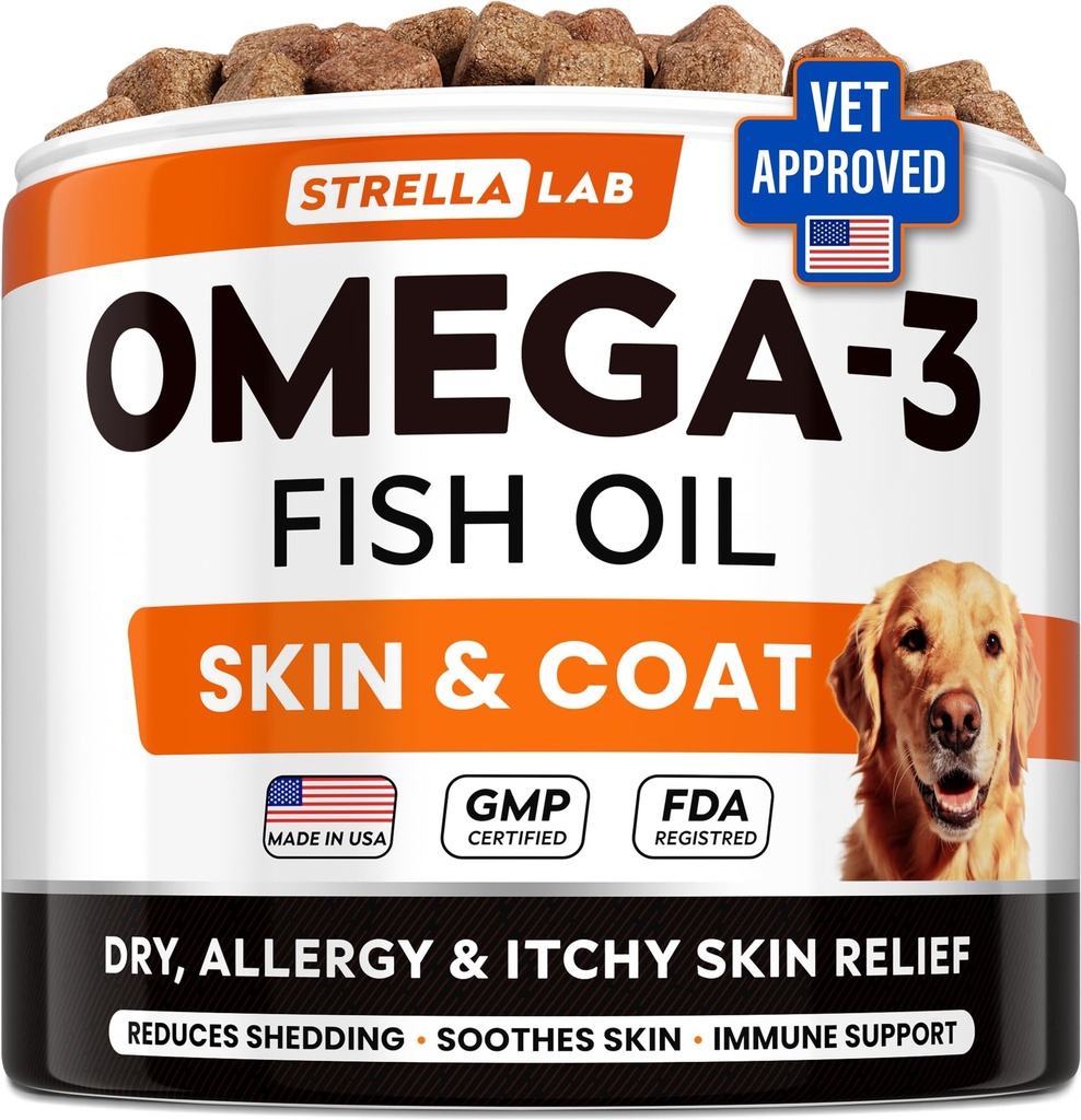 StrellaLaLaLab Omega 3 pro psy - (180Ct) Fish Oil Treats - Alergie & Itch Relief Skin & Coat Supplementer - Suchá ltchy Skin, Anti Shedding & Hot Spots Treatment - Pet Salmon Oil Chews - Chicken Flavor