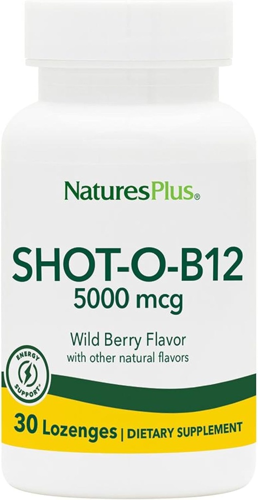 NaturesPlus Shot- O- B12-30 Lozenges, Wild Berry Flavor - 5000 mcg - Vegan, Gluten Free - 30 Služeb