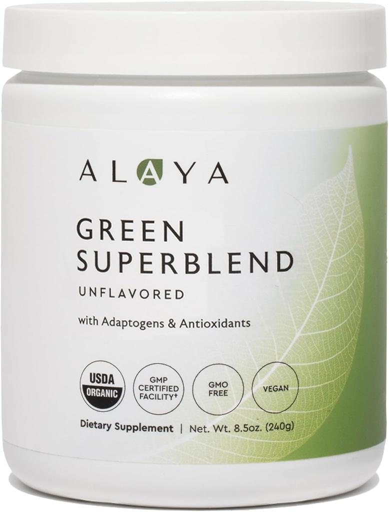 Alaya Organic Super Greens Powder - Premium Green Juice Superfood Supplement Powder - Adaptogeny, antioxidanty a probiotika Blend - USDA Organic, Non- GMO, Vegan - 30 Služeb (bez příchutí)