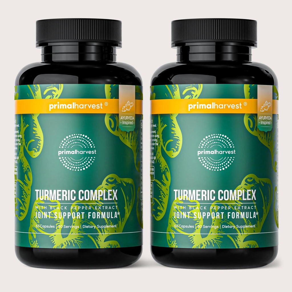 Primal Harvest 2 Pack, Primal Turmeric Complex w / Black Pepper Extract, Joint and Mobility Supplementary Supplementary for Women & Men, 120 Kapsle