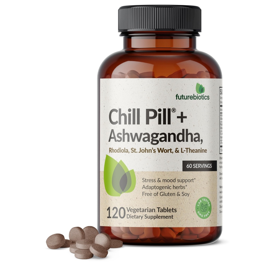Futurebiotika Chill Pill + Ashwagandha, Rhoddiola, St. John 's Wort, & L-Theanine - Non- GMO, 120 Vegetariánské tablety