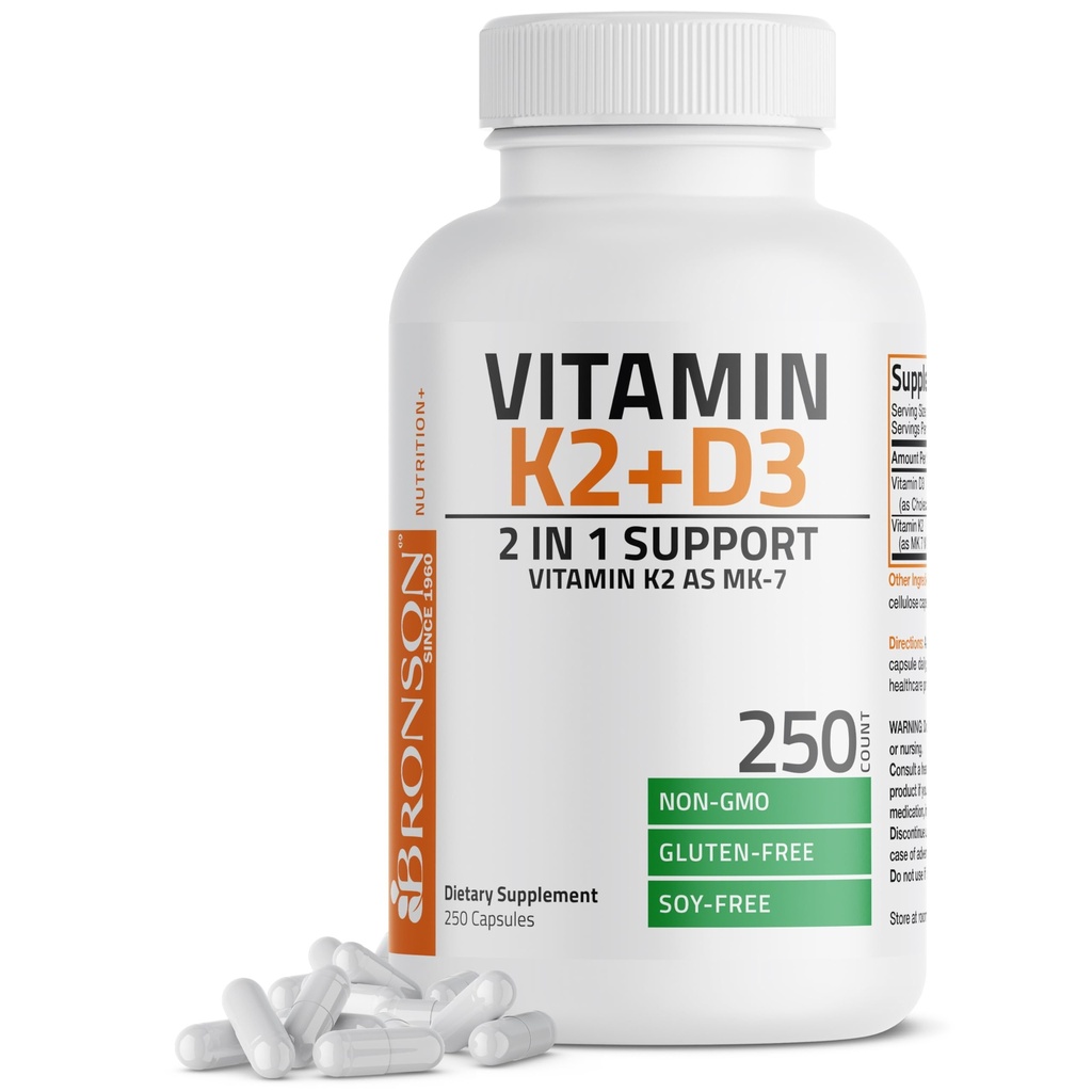 Bronson Vitamin K2 (MK7) s doplňkem D3 Non- GMO Formule 5000 IU Vitamin D3 & 90 mcg K2 MK-7 Snadno polykat D & K komplex, 250 Kapsle