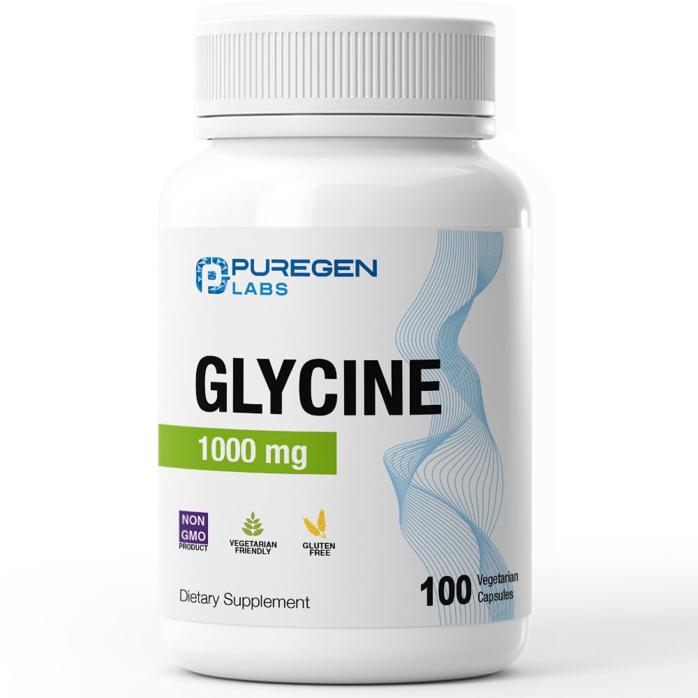 Puregen Labs Glycine 1000mg [Vysoká potence] 100 Vegetariánských kapslí, Promotes Health Sleep CLAS124; No Harmful Additives CLAS124; Non- GMO, NO Gluten a Dairy CLAS124; Made in USA - 100 Servings