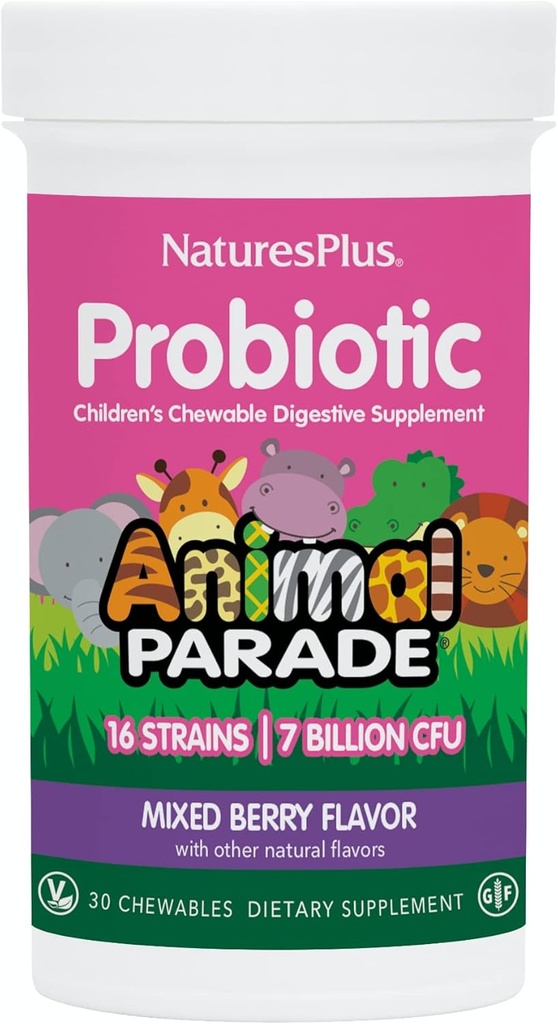 NaturesPlus Animal Parade Probiotic, Mixed Berry - 30 Chewables - Dětský doplněk stravy - Podporuje Gut zdraví a imunitní funkce - Vegan, gluten zdarma - 30 Služeb