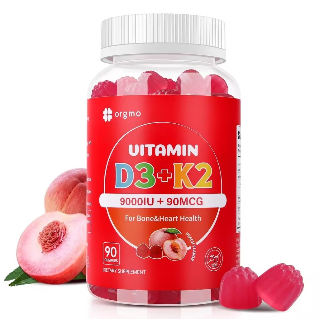 Vitamin D3 K2 Gummies - 90 Napočítejte cukr zdarma Vitamin D3 9000 IU + K2 (MK-7) 90 mcg pro kostní a imunitní zdraví, Vegan Žvýkací K2 D3 Vitamin dodatek pro ženy (Peach Flavor)