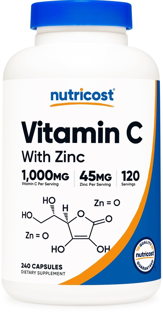 Nutricost Vitamin C se zinkovou kapsle, 120 Servings - 1000mg, 45 mg zinku, non-GMO, gluten zdarma vitamín C dodatek