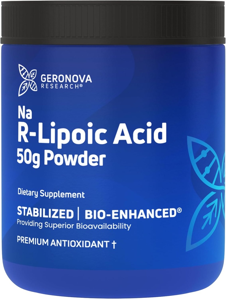 Geronova Výzkum Bio-Enhanced Na R- Lipoic Acid Powder, 50g - 4 Měsíční zásoba - stabilizovaný R Alpha Lipoic Acid Powder for Flexible Dávkování - Snadné míchání a vylepšení Absorpční Nerve Supplement