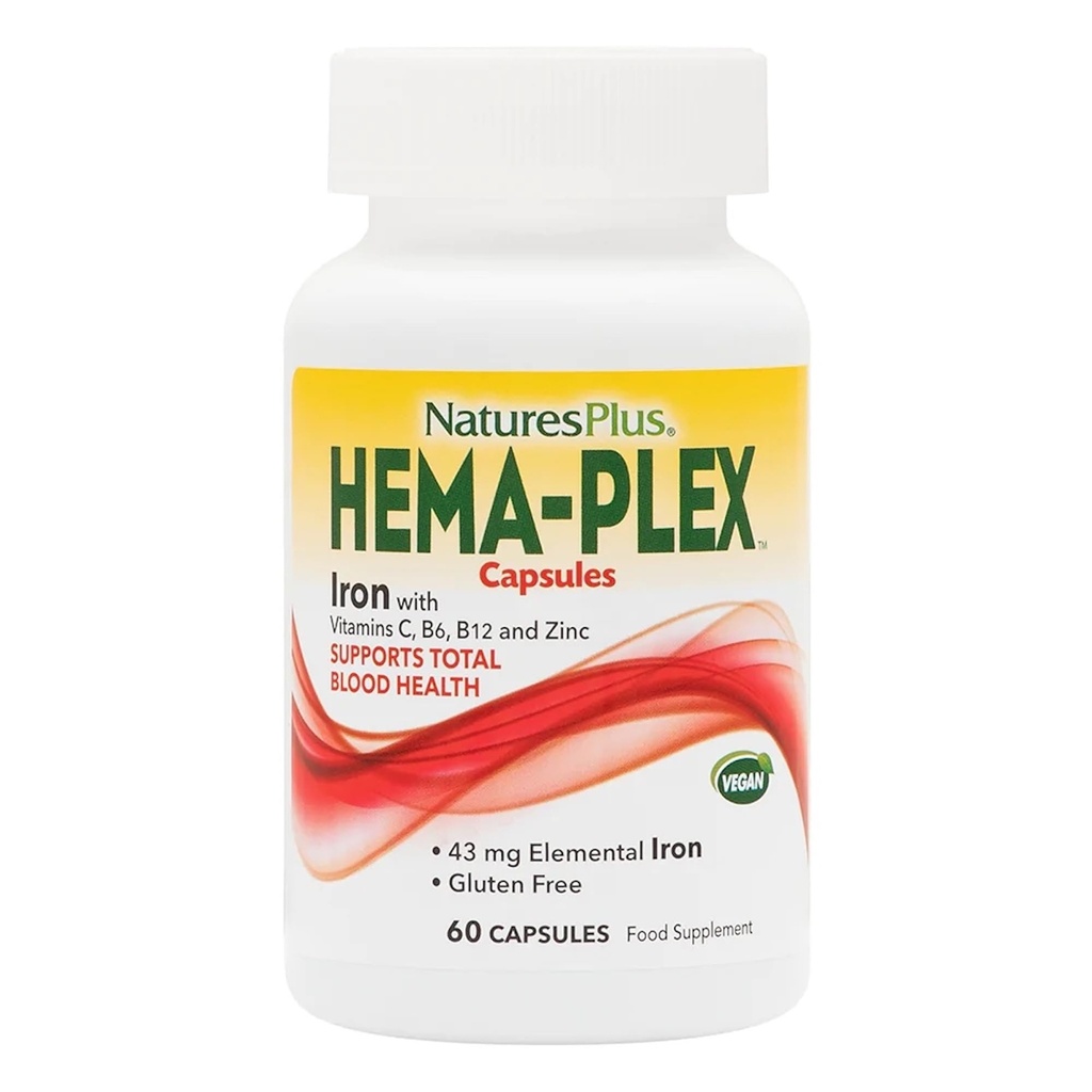 NaturesPlus Hema- Plex Iron - 60 Fast- acting Kapsle - 85 mg Chelated Iron - Total Blood Health - with Vitamin C & Bioflavonoids - Vegan, Gluten Free - 30 Služeb