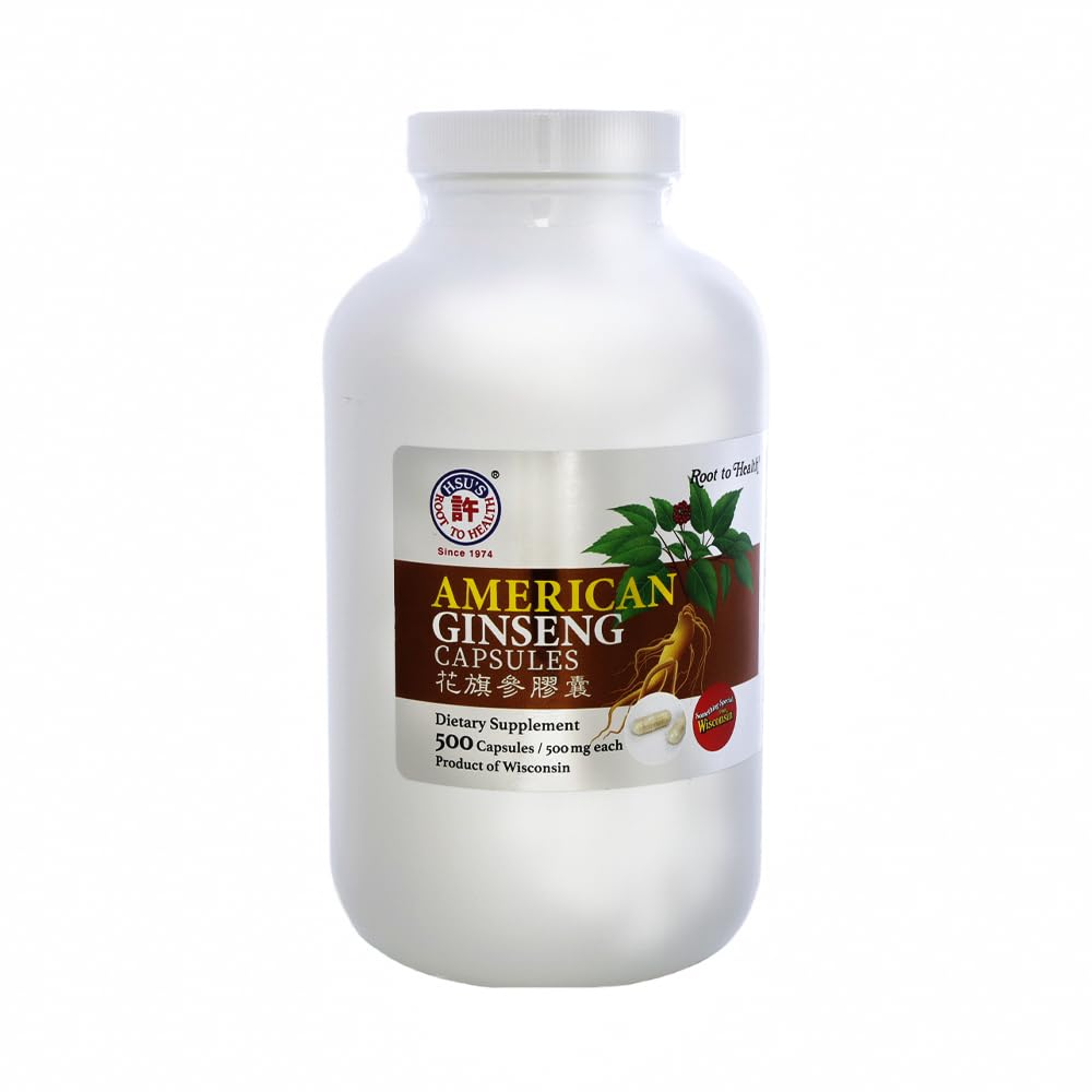 Hsu 's SKU 1005 American Ginseng Capsules - Premium Wisconsin- Grown Ginseng Root Powder Supplementary 124; Ginseng & Wellness Supplementary 124; Ginseng 124; Non- GMO, Vegan, Gluten- Free, Energy & Wellness Support - 500ct