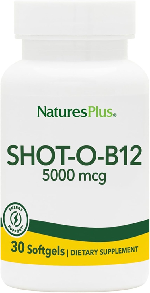 Natures Plus Shot-O-B12 (kyanokobalamin) - 5000 mcg, 30 Softgels - High Potency, rychle působící doplněk B12 - Paměť & Energy Booster - Gluten- Free - 30 Služeb