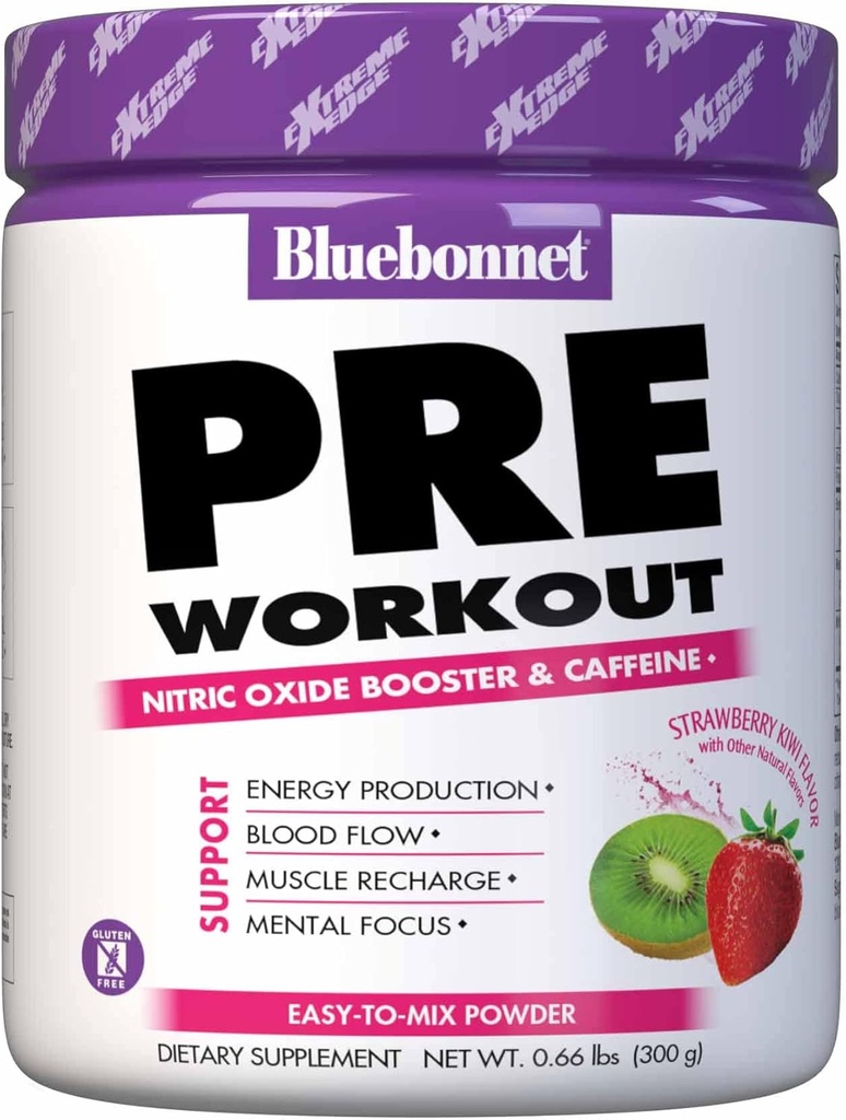 Bluebonnet Nutrition Extreme Edge Pre Workout, Muscle Recharging Formule *, Zvyšuje hladinu oxidu dusnatého (NO) *, Soy- Free, Dairy- Free, Strawberry Kiwi, 30 Servings, 10.56 Ounce
