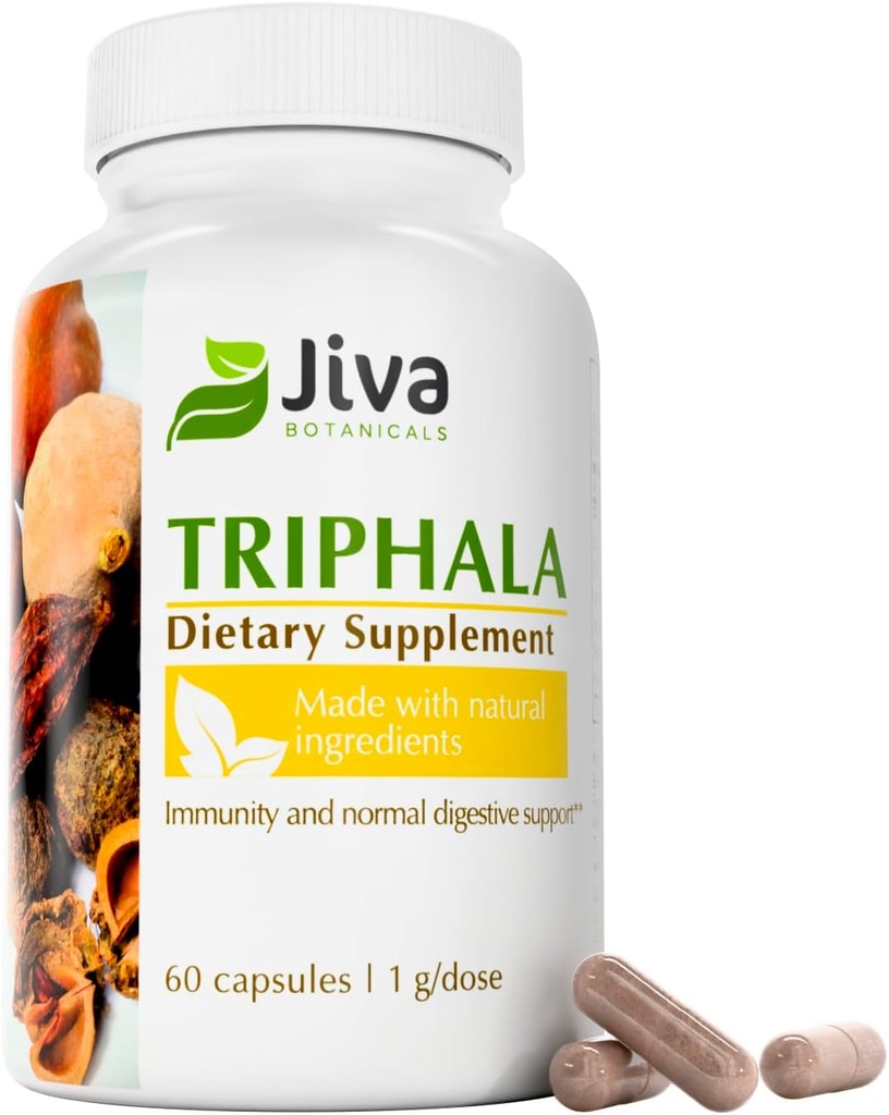 Jiva Botanicals Triphala Dodatek - Triphala Kapsle Vyrobeno s Amalaki, Bibhitaki a Haritaki Prášek pro normální stravitelné zdraví a normální imunitní systém - 60 Kapsle