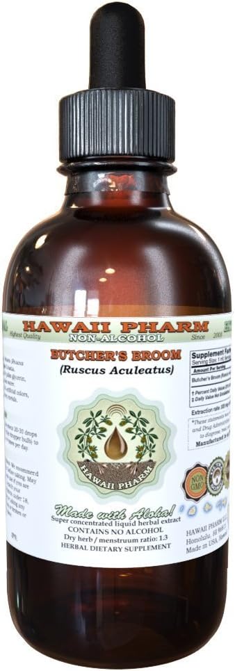 Butcher 's Broom Alcohol- Free Liquid Extract, Organic Butcher' s Broom (Ruscus aculeatus) Sušený Root Glycerite Hawaii Pharm Natural Herbal Dodatek 4 oz