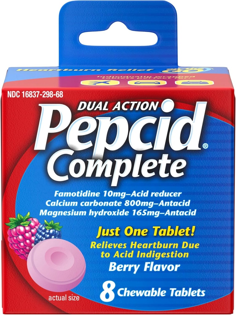 Pepcid Complete Acid Reducer + Antacid for Acid Reflux, 10mg Famotidin, 800mg uhličitan vápenatý & 165mg Hydroxid hořečnatý per Heartburn Medicine Tablet, Antacid Chews, Berry, 8 ct