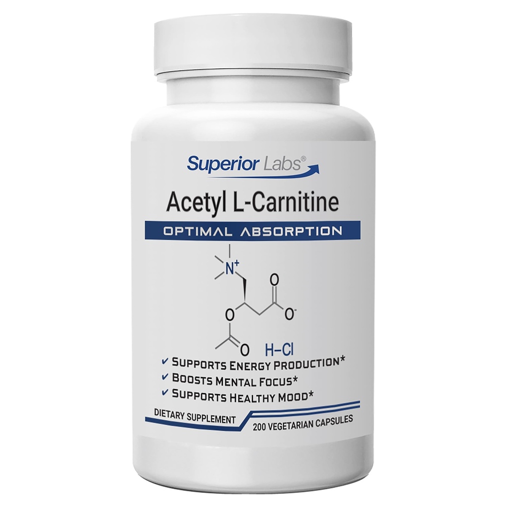 Superior Labs Acetyl L- Carnitin 500 mg, High potency ALCAR, Pure Non- GMO, Zero Synthetic Additives, Maximum Absorpce, Energy & Fat Metabolismus, Mozek, Nerve & Cellular Detox Support, (200 Veg Caps)
