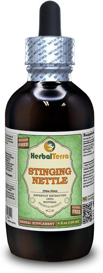 Kopřivka (Urtica Dioica) Glycerit, Organic Sured Leaves Alcohol- Free Liquid Extract (Značka: HerbalTerra, Proudly Made in USA) 4 fl.oz (120 ml)