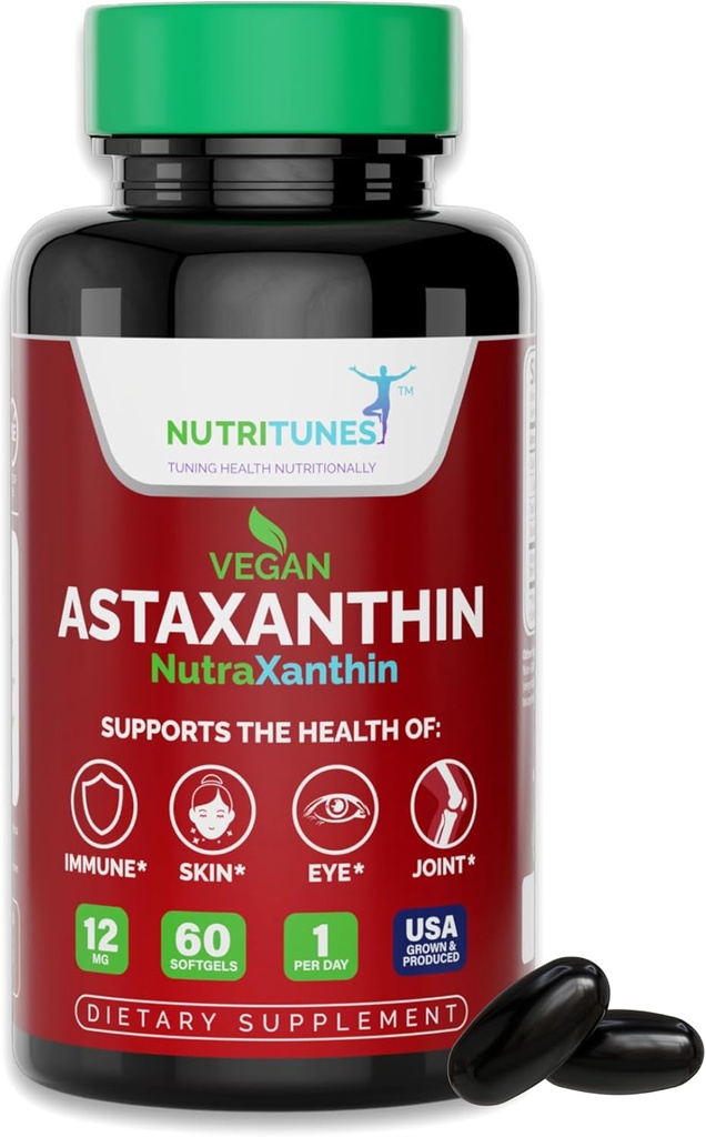 Astaxanthin 12 mg Vegan Softgels - High potency Antioxidant for Skin, Eye & Immunication Support - Non- GMO, Free of Gluten, Soy, Laktosa & BSE, 60 Vegan Softgels, 2- Month Supply