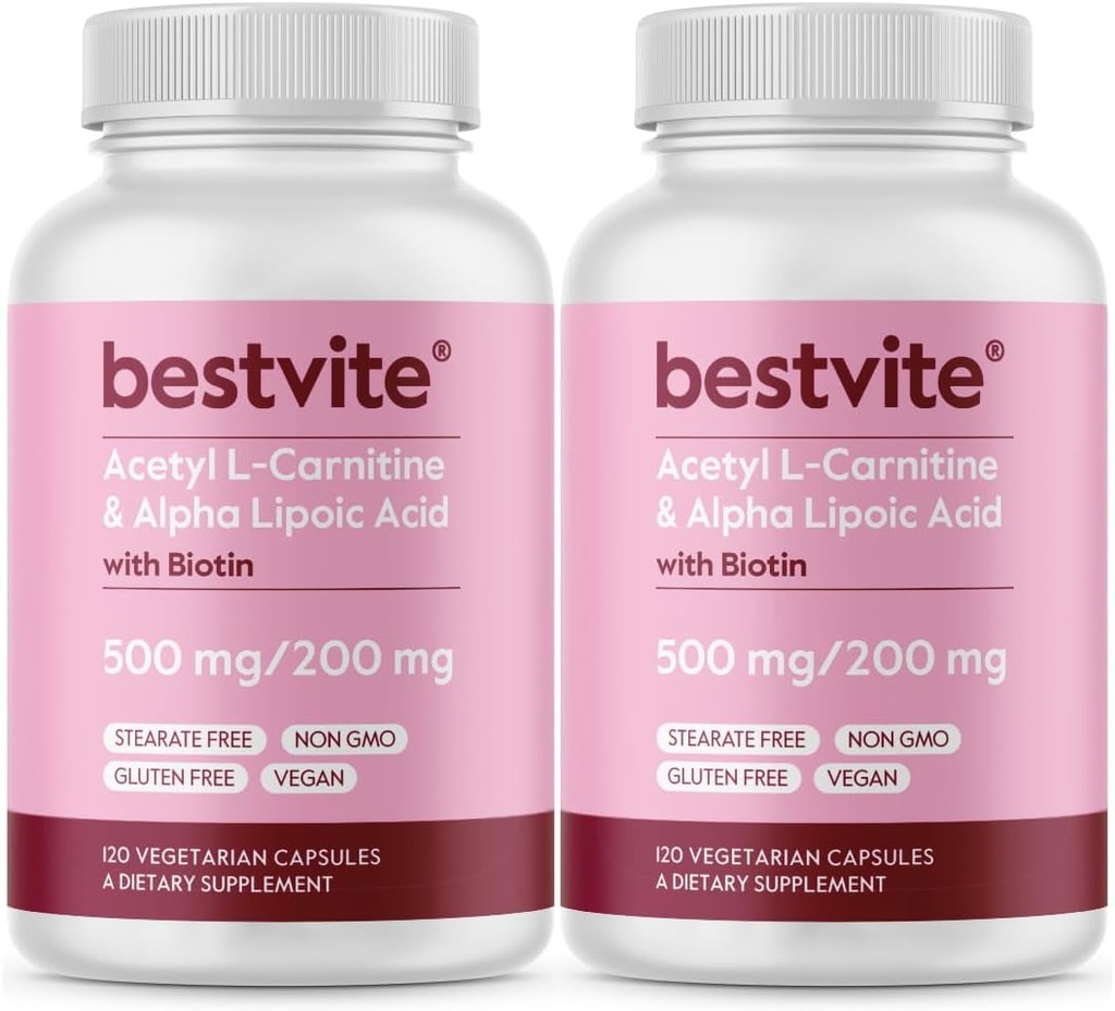BESTVITE Acetyl L- karnitin 500 mg & alfa kyselina lipoová 200 mg v jedné tobolce s biotinem (240 Vegetariánských tobolek) (120 x 2) - No Stearates - Vegan - Non GMO - Gluten Free