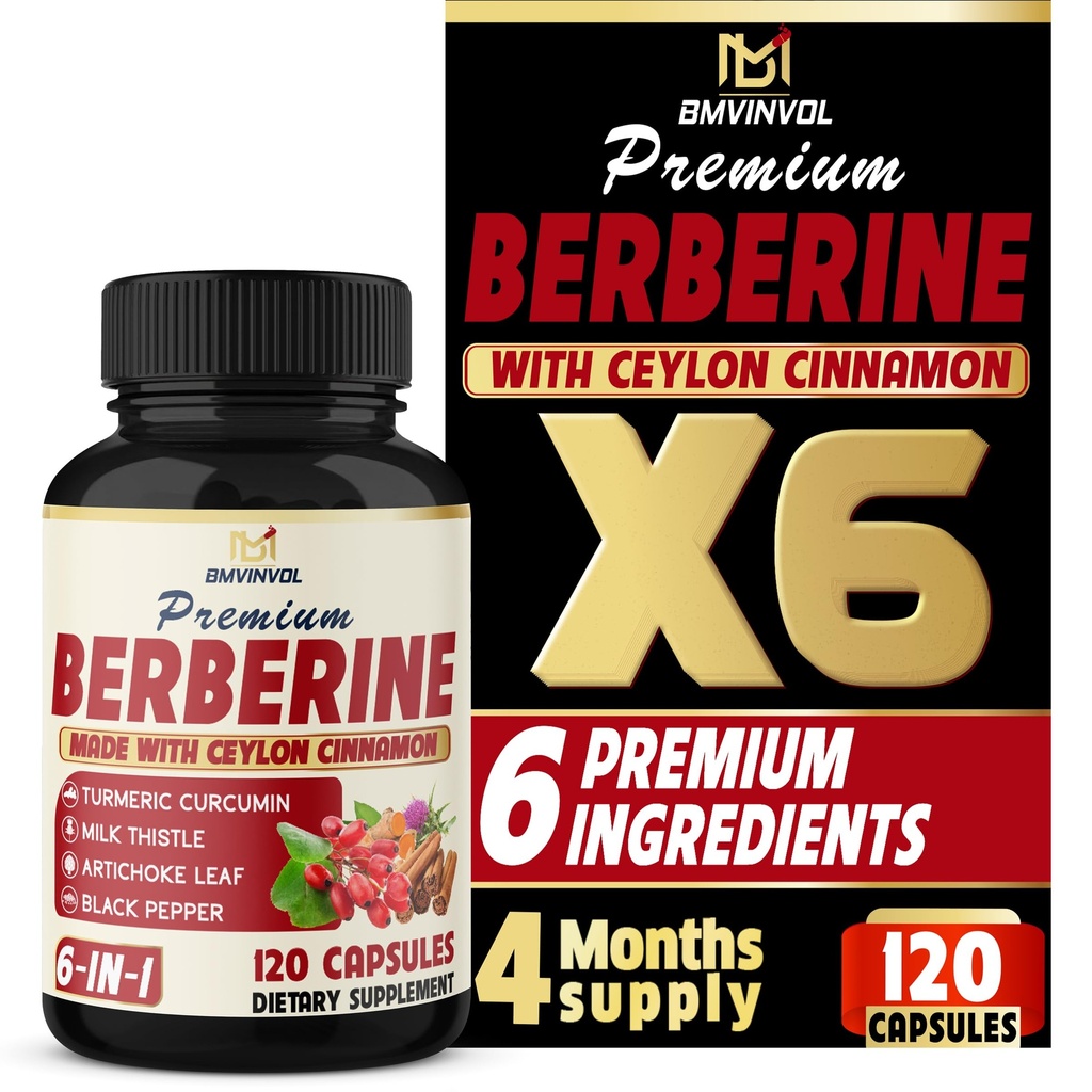 BMVINVOL 6in1 Dodatek Berberine s Ceylon Skořice, Tumeric Root, Mléčné Thistle, Artichod, Black Pepper -120 Kapsle pro 4 Měsíční dodávky