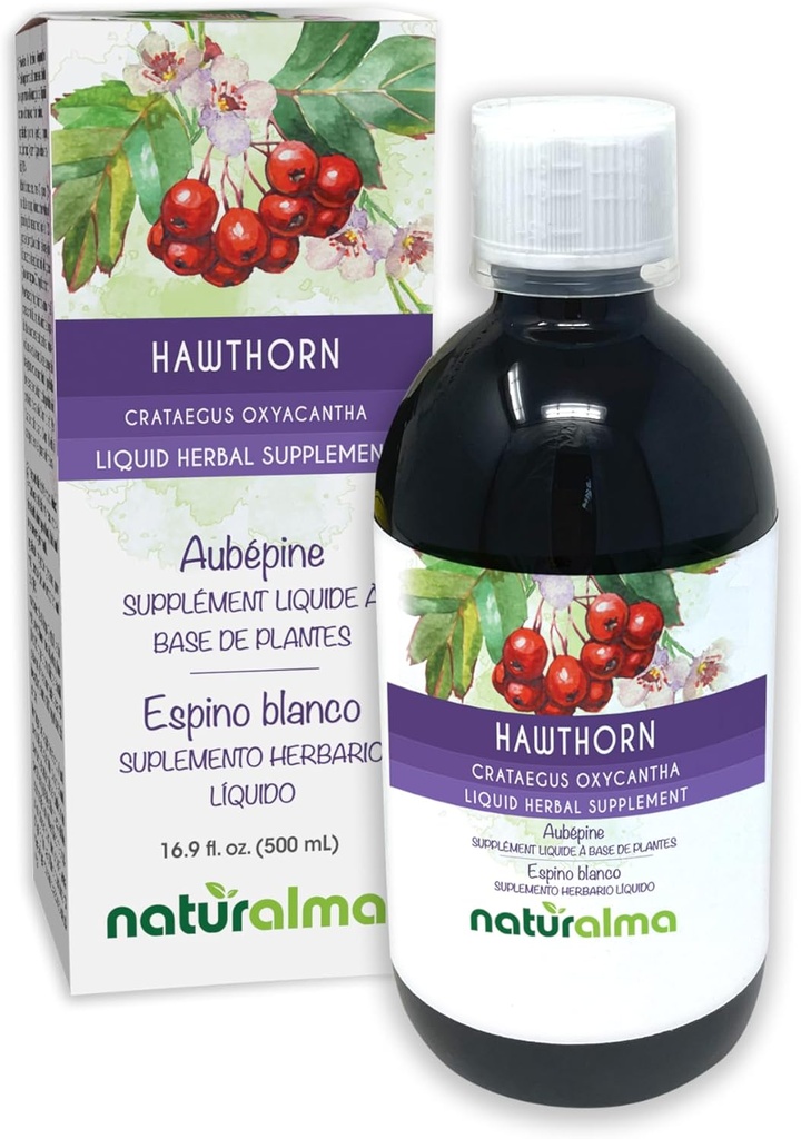 Naturalma Hawthorn (Crataegus oxyacantha) Listová a květinová alkoholická tinktura - 16.9 fl oz Liquid Extract in Drops - Bylinný dodatek - Vegan