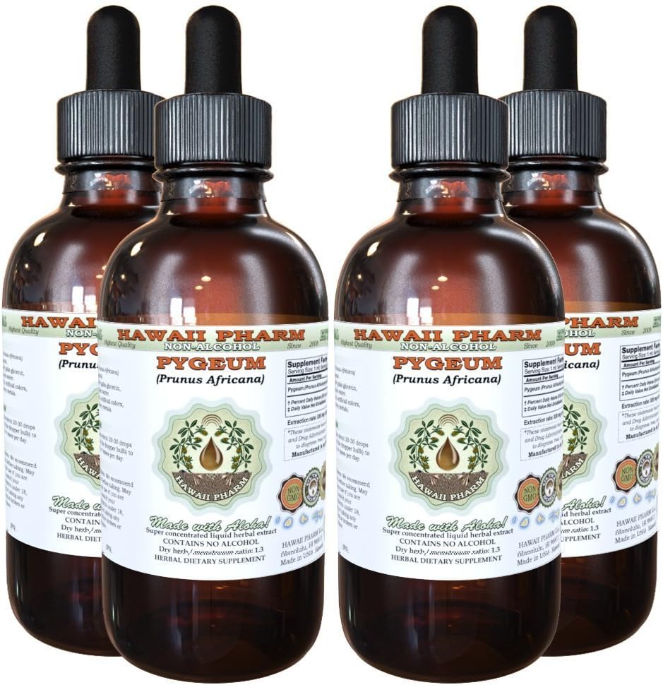 African Cherry Pygeum Alcohol- Free Liquid Extract, African Cherry Pygeum (Prunus Africana) Bark Glycerite Natural Herbal Supplement, Hawaii Pharm, USA 4x4 oz