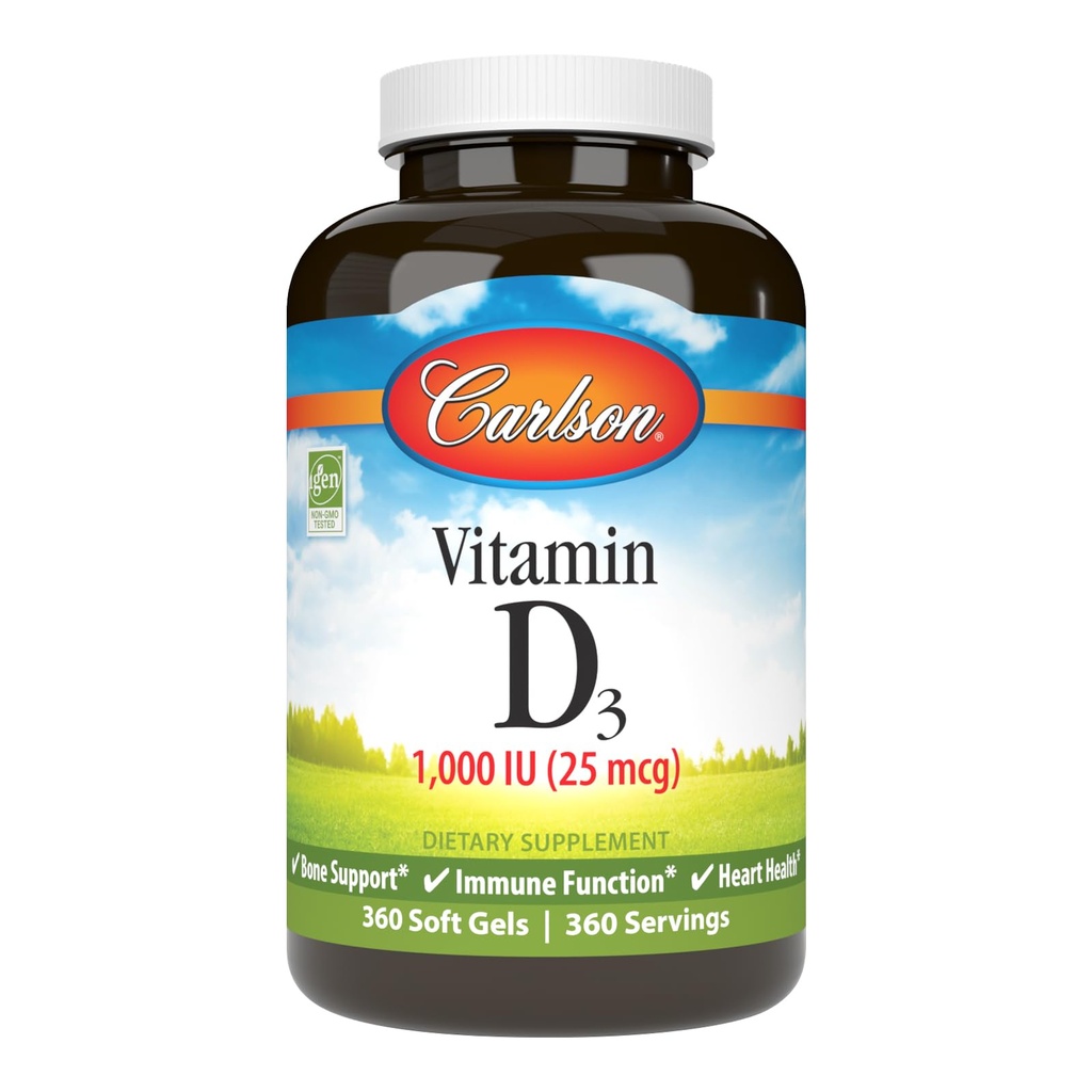 Carlson - Vitamin D3, 1000 IU (25 mcg), Bone Health, Muscle Health, Cholekalciferol, Vitamin D doplňky, Vitamin D3 Soft Gels, 360 Softgels