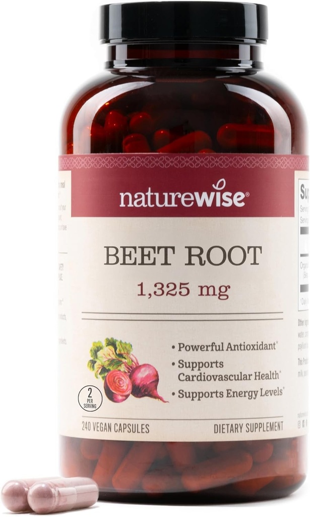 NatureWise Beet Root Capsules 1325mg s organickým Beetroot - Nitric Oxide Booster for Circulation and Heart Health Support - Vegan, Gluten- Free, Non- GMO - 240 Kapsle [120 Day Supply]