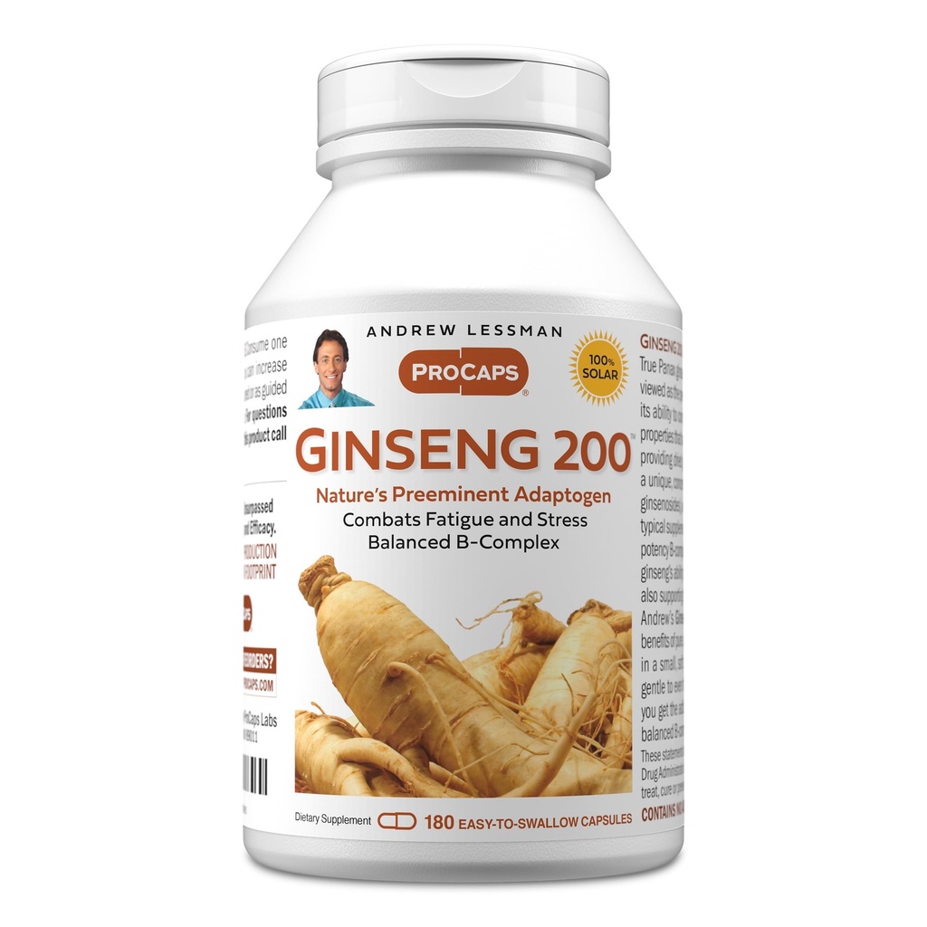 ANDREW LESSMAN Ginseng 200mg - 180 Kapsle - Standardizovaný extrakt na podporu Well- Being. Adaptogen, bojuje s únavou a stresem. Jemné, malé, Easy- to - Spolknout tobolky. Žádné doplňkové látky