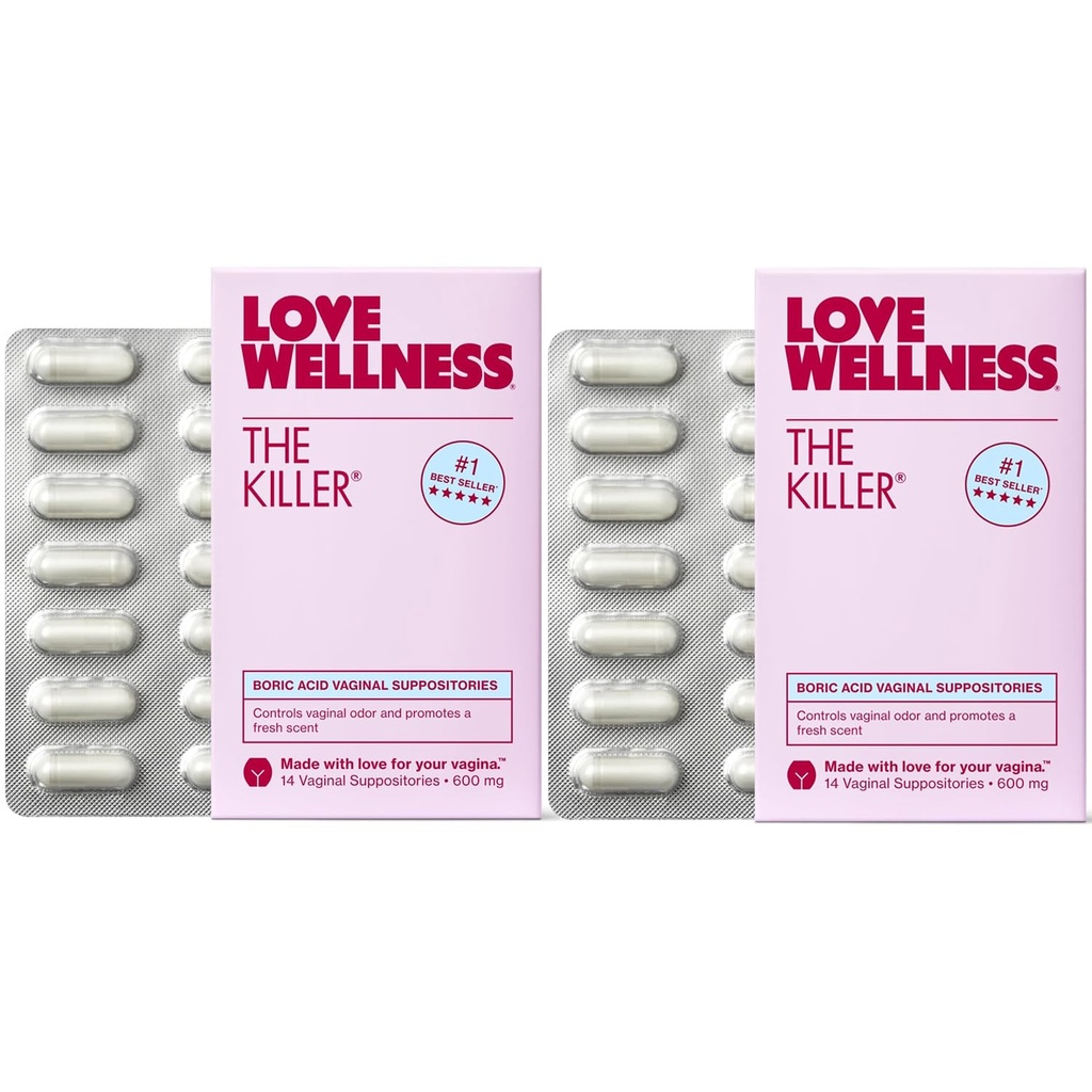 Love Wellness The Killer 124; Boric Acid Vaginal Suppositories PHR124; Balances pH & Podporuje kontrolu zápachu, zdravou vaginální rovnováhu a životní prostředí PHR124; Fast- acting & Fragrance-Free GR124; Gentle & Efektivní GR124; 28 Ct