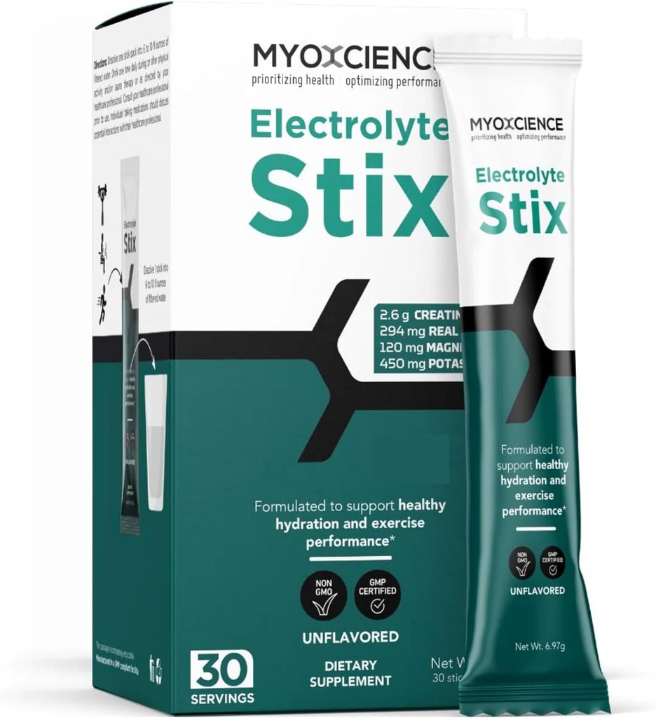 MYOXCIENCE Electrolyte STIX STIX 124; Creatine Electrolyte Powder 124; Recovery from Working & Muscle Development w / Real Salt (Neochucené) (Stix 30 ct)
