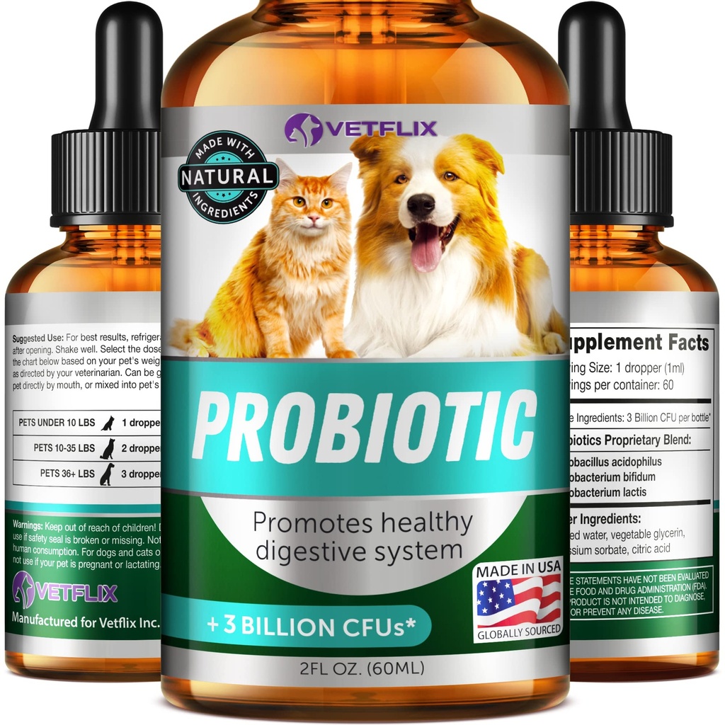 Premium Probiotika pro psy, Kočky - Stravovací Enzymy & Prebiotika Dodatek - Pomáhá zmírnit průjem, zvracení, Upset žaludku, plyn, zácpa a špatný dech - Podporuje trávicí systém - 2 Fl Oz