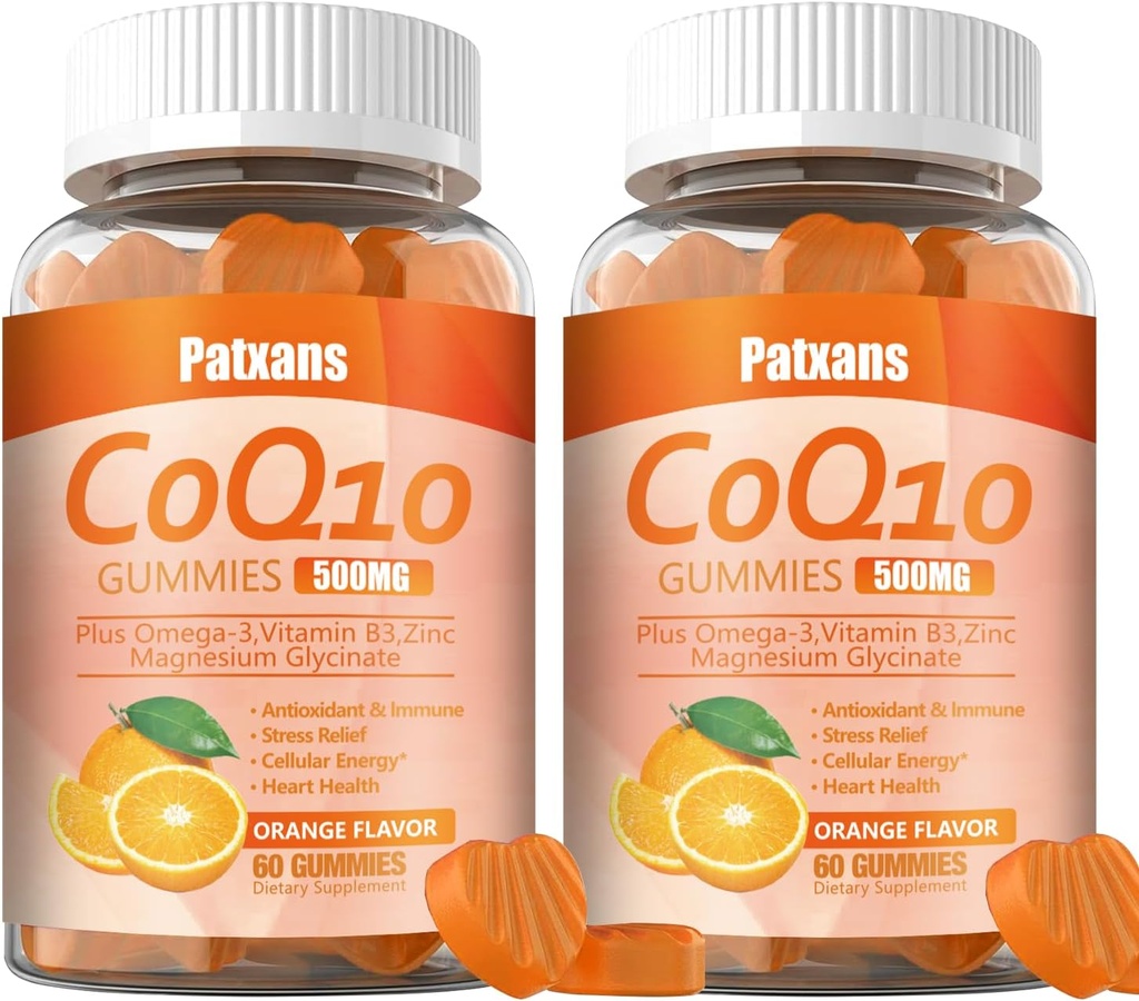 2 Balení 500MG CoQ10 doplněk gumy, Omega-3, hořčík, vitamin B3, zinek, ultra vysoká absorpce poskytuje zdravou podporu pro srdce, buněčné energie Antioxidanty, 120Cts.