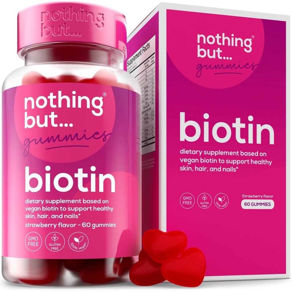 Biotinové gumy pro růst vlasů 5100 mcg - Vlasy, kůže, a hřebíky Vitamíny pro muže a ženy - s kyselinou listovou, Vitamíny A, C, E & D a Extra síla pro rychlejší růst vlasů a nehtů, 60 gumy
