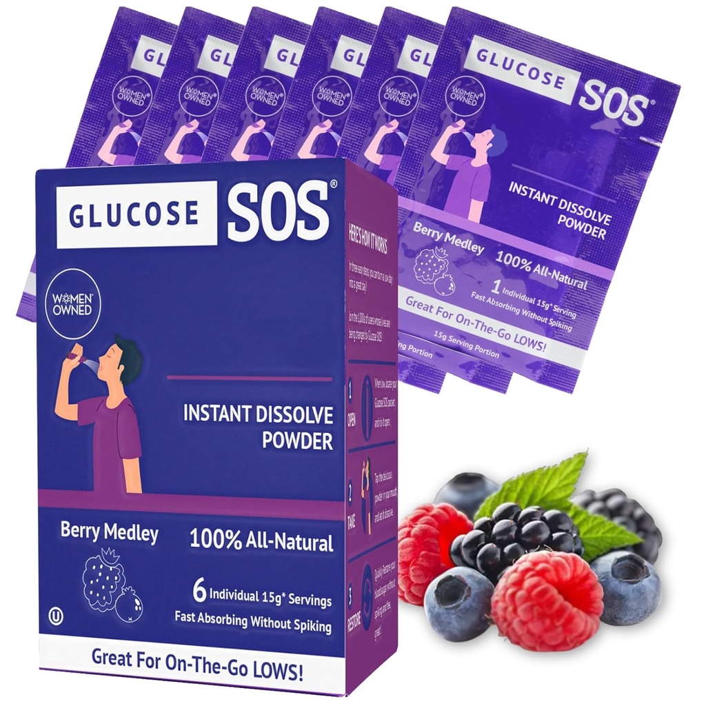 Glukóza SOS Glukóza Berry Medley Glukóza Prášek, Přírodní Dextrose Packets, Fast- Absorpce, Okamžité rozpuštění, No Water Need, 6 Sachets per Box