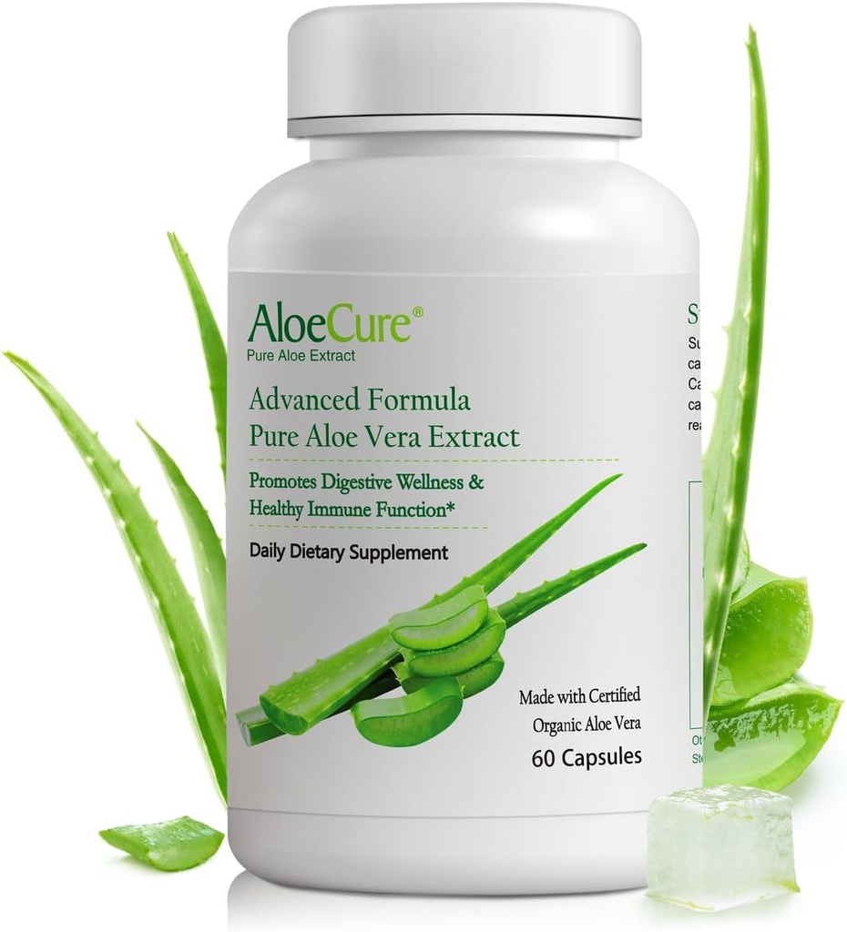 AloeCure Organic Aloe Vera Kapsle, 130,000mg Inner Aloe Leaf Equivelant per Serving, Support Gut Health & Digestive Comfort, Žaludek Acid Buffer, Přírodní doplněk imunity, Aloin zdarma, 60 Kapsle