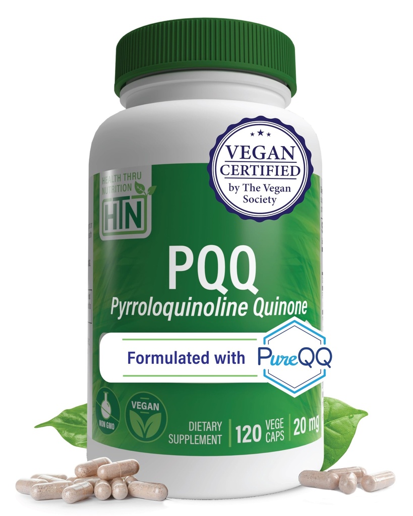 Zdraví Thru Nutrition PQQ 20mg 120 Servings Pyrrolochinolin Quinone as PureQQ PHARMA124; Promotes Mitochondrial Biogenesis PHARMAD124; Certified Vegan PHARMAD124; Non- GMO gluten Soy Free Capsules PHARMAD124; Clean Label PQQ Dodatek