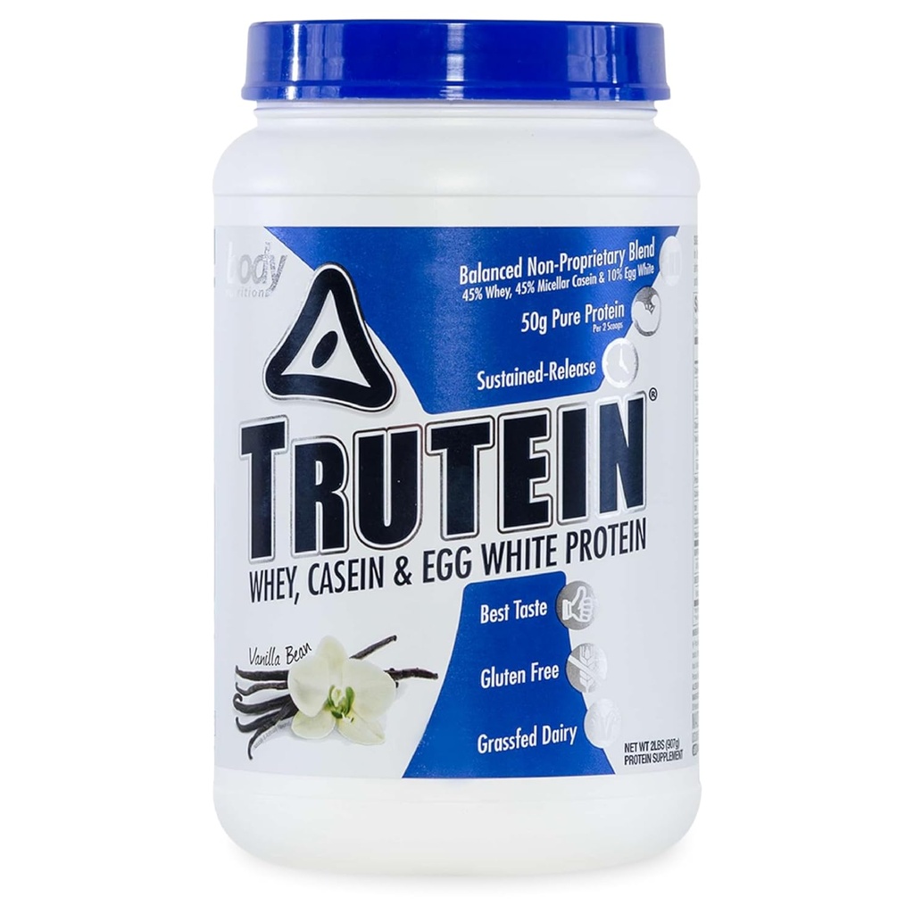 Body Nutrition Trutein High Protein Powder: 45% Syrovátka, 45% Kasein, 10% Vejce White Protein Shake Mix, gluten- Free, Nízký sodík, Nízké sacharidy Protein dodatek Prášek pro muže a ženy, Vanilla Bean, 2lb