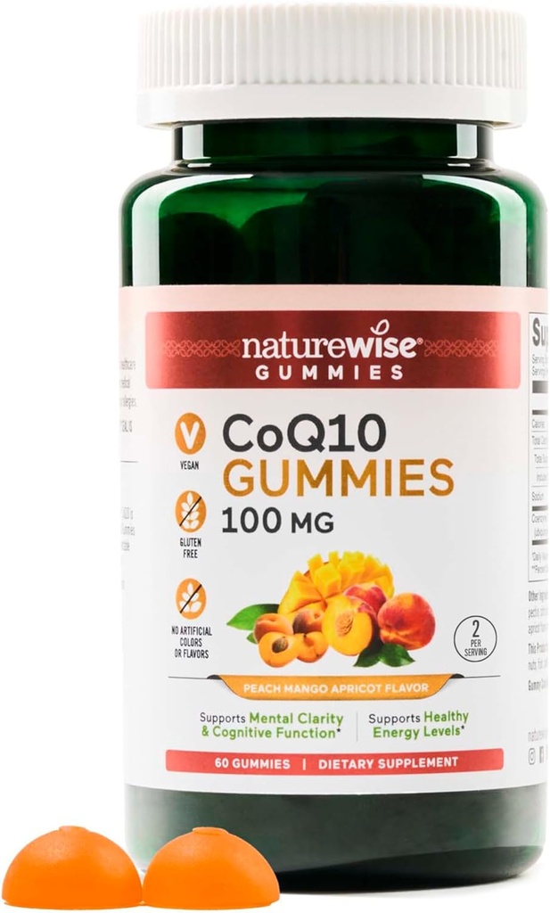 NatureWise CoQ10 Gummies 100mg - Peach Mango Flavor - Doplněk pro srdeční zdraví a antioxidační činnost - Pectin- based, Vegan, Soy and Gluten Free, Non- GMO - 60 Počet [1-Month Supply]