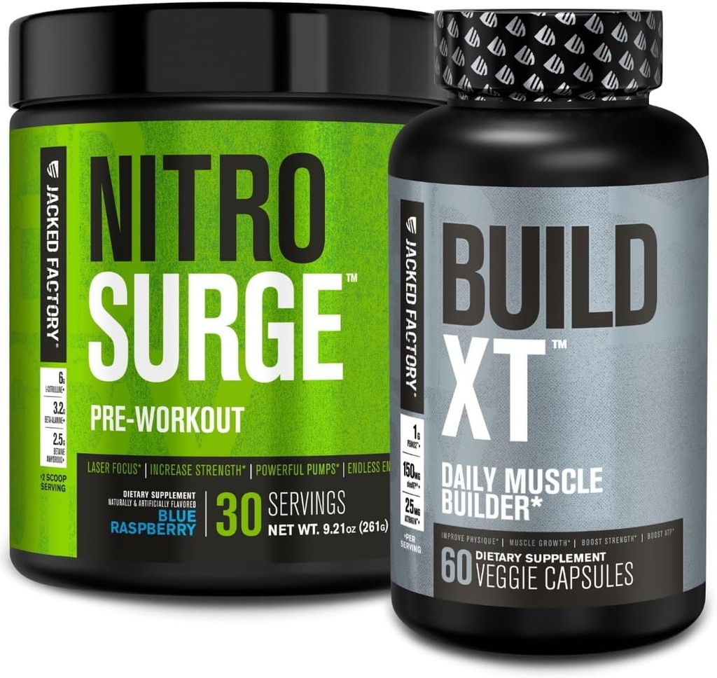 Jacked Factory Nitrofresh Pre- Cvičení v modré Raspberry & Build XT Muscle Building Bundle pro muže a ženy