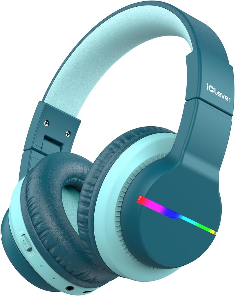 iClever BTH12 Děti Bluetooth sluchátka, barevné LED světla bezdrátové děti sluchátka, 74 / 85dBA Bezpečný objem, 85H Playtime, Bluetooth 5.2, Přes uši sluchátka Built- in Mic pro iPad / Tablet / Letadlo, Zelená