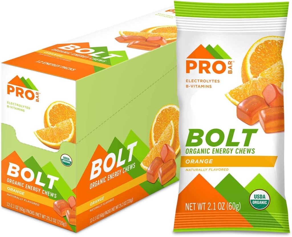 PROBAR - BOLT Organic Energy Chews, Orange, Non- GMO, gluten- Free, USDA Certified Organic, Health, Natural Energy, Fast Fuel Gummies with Vitamins B & C (12 Count)