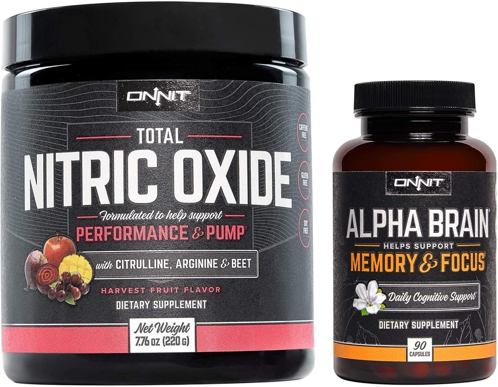 ONNIT Nootropic + Prespining Stack - Alfa Brain (90ct) + celkový oxid dusnatý (Harvest Fruit)