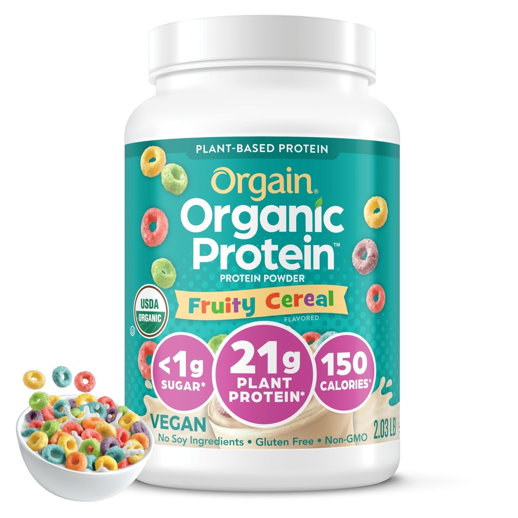 Orgain Organic Vegan Protein Powder, Fruity Cereal - 21g Plant Based Protein, 8g Prebiotic Fiber, Low Net Carb, No Lactosa Ingredients, No Added Sugar, Non- GMO, For Shakes & Smoothies, 2.03 LB